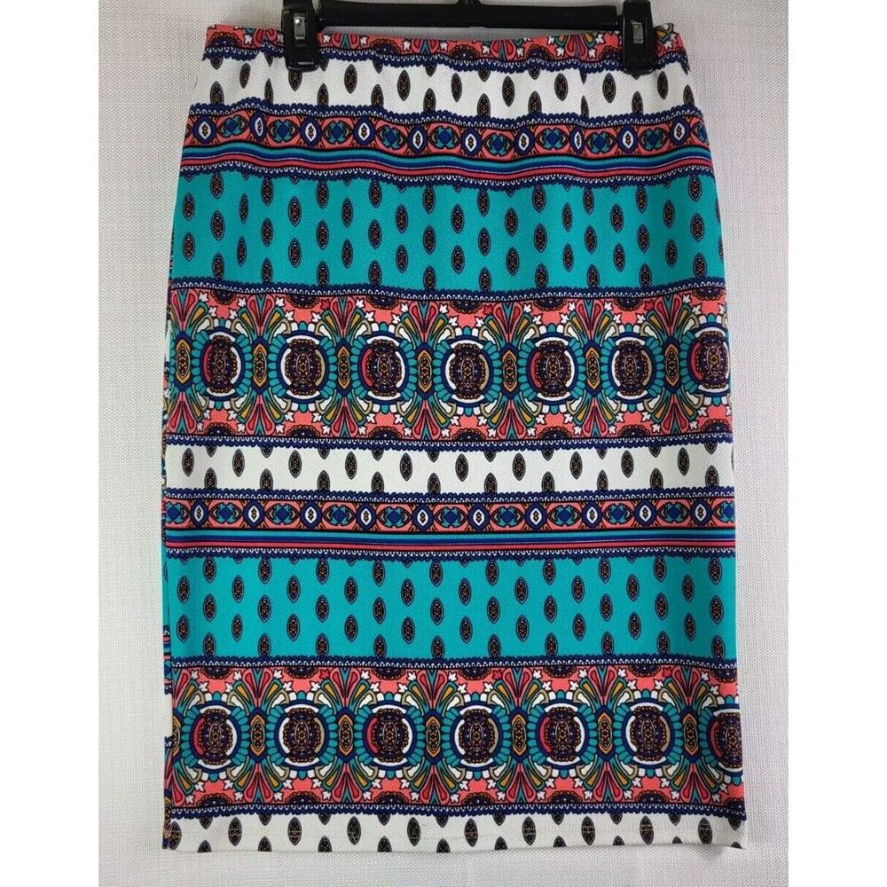 Vintage Caren Sport Midi Skirt Women's Size 2X Blue Turquoise Coral Peacock